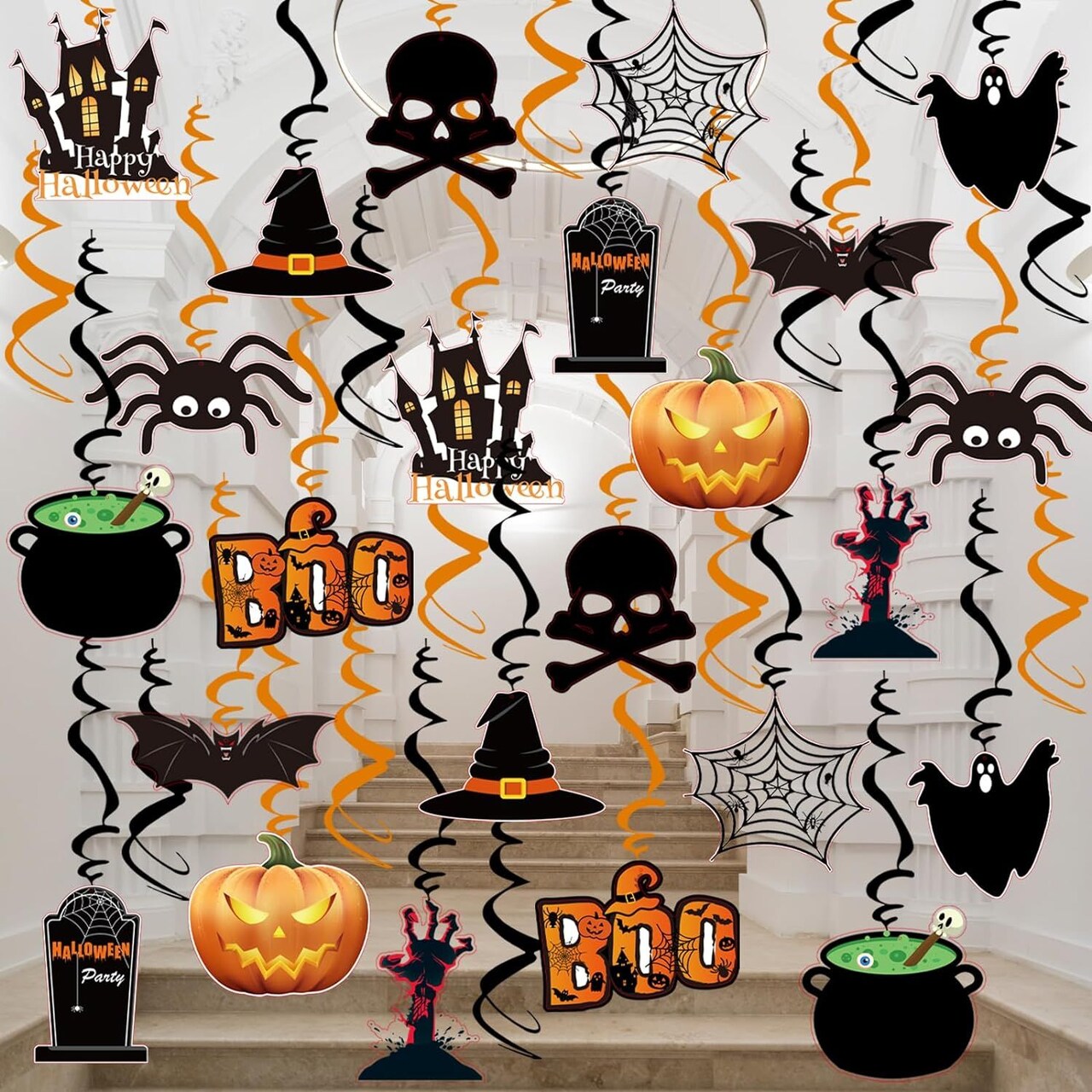 36Pcs Halloween Hanging Swirl Decorations Skeleton Spider Ghost Spooky Ceiling Decor Double Sided Paper Boo Day Card Foil Streamers for Outdoor Indoor Halloween Trick or Treat Decor Supplies